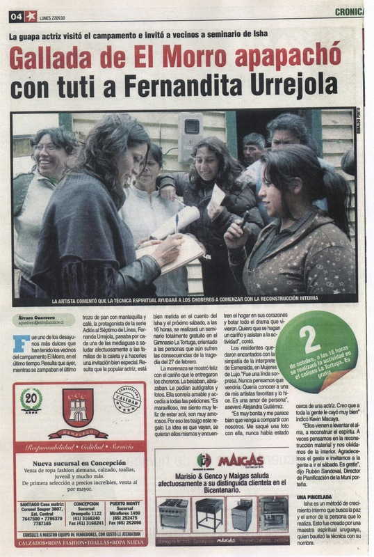 Fernanda Urrejola visita el Morro de Talcahuano, invitando al seminario con Isha. Septiembre 2010