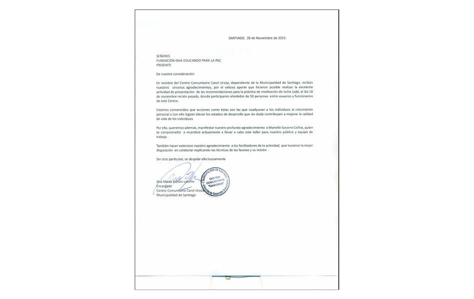 En nombre del Centro Comunitario Carol Urzúa, dependiente de la Municipalidad de Santiago, reciban nuestros sinceros agradecimientos, por el valioso aporte que hicieron posible realizar la excelente…