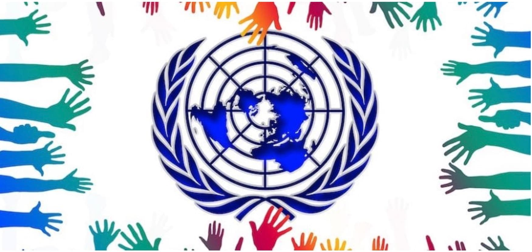 United Nations emblem surrounded by colourful hands