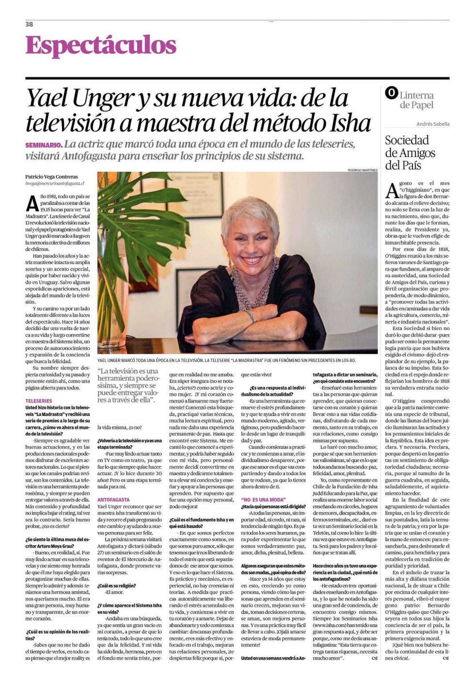 Entrevista a Yael Unger realizada por El Mercurio de Antofagasta donde habla sobre el Sistema Isha