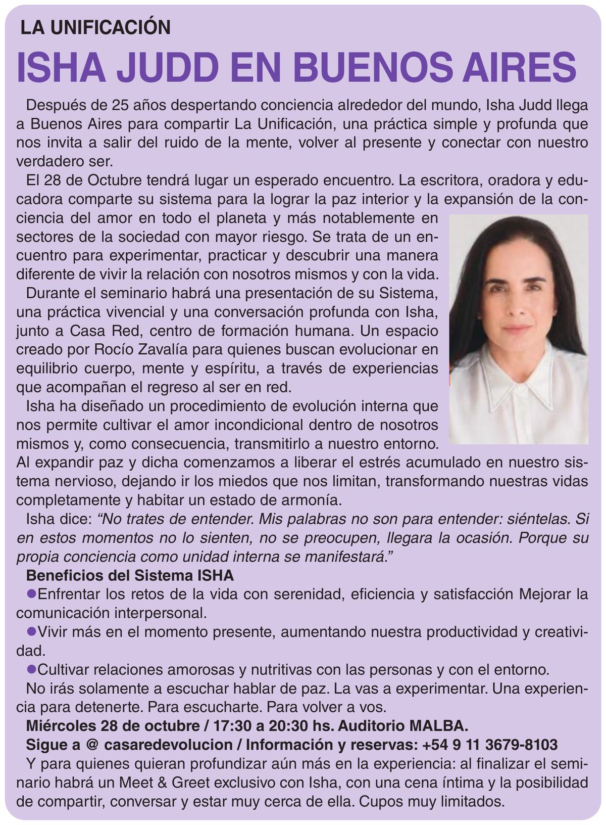 The article «Isha Judd en Buenos Aires» in Todo Salud magazine, in a lilac box with a portrait of Isha Judd and the details of her October 28 event at the Malba auditorium.