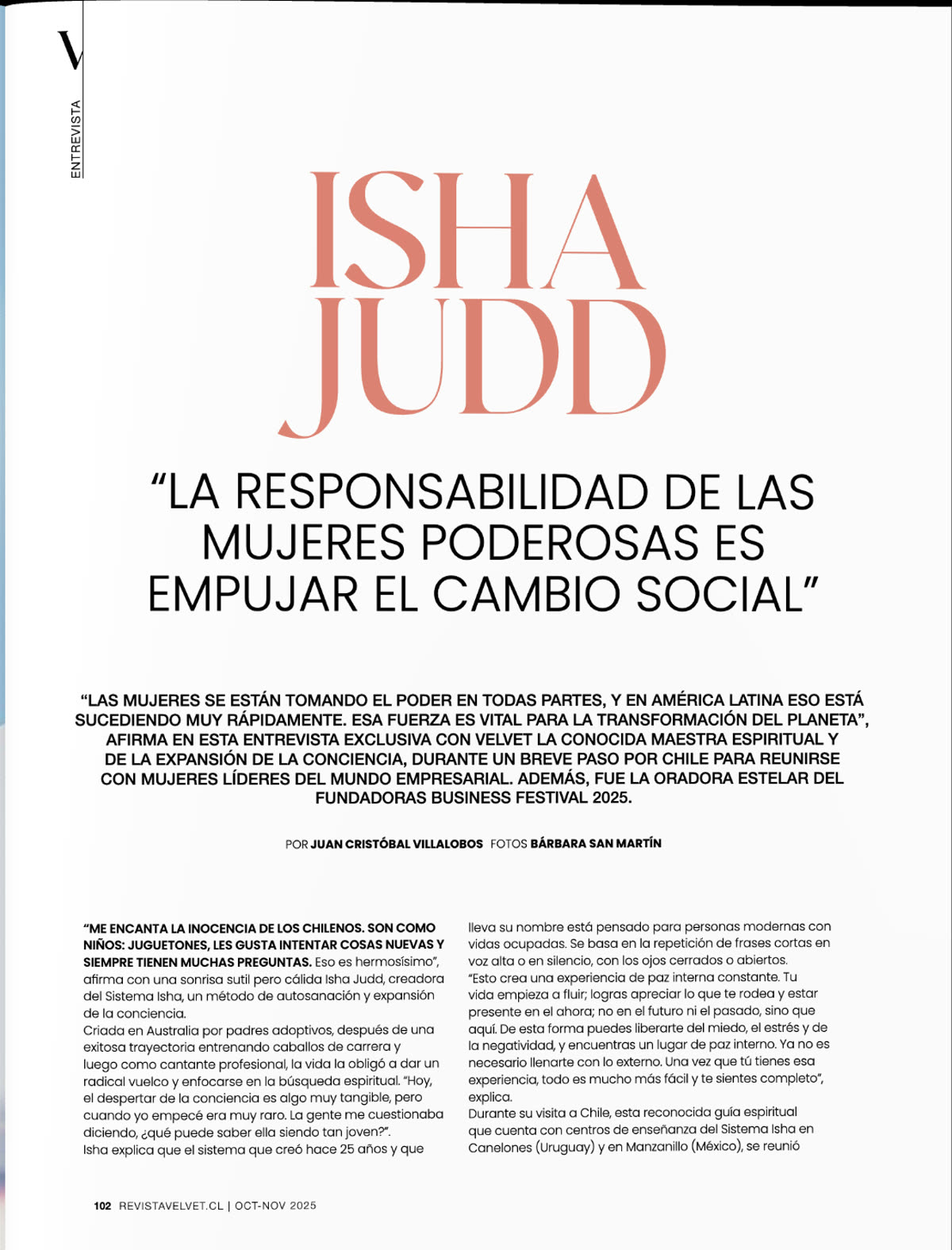 Apertura de la entrevista a Isha Judd en la revista Velvet de Chile.
