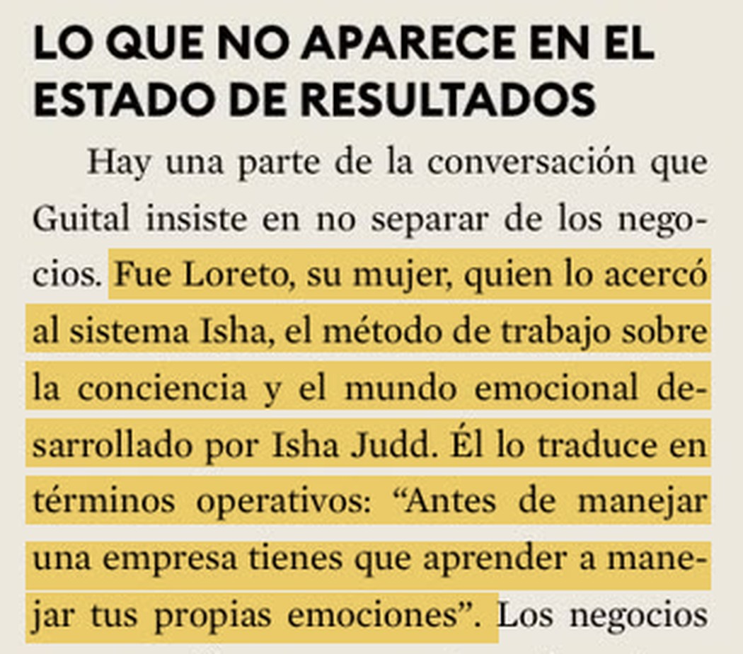 Clipping from the Forbes Chile article with the underlined paragraph where Marcelo Guital says he came to Isha Judd's practice through his wife, Loreto.